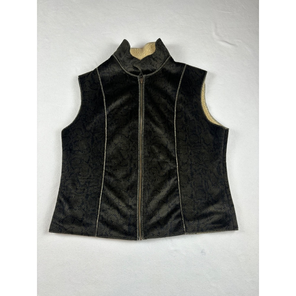 Bagatelle‎ Womens Snakeskin Print Faux Suede Sherpa Lined Zip Vest Olive Black L